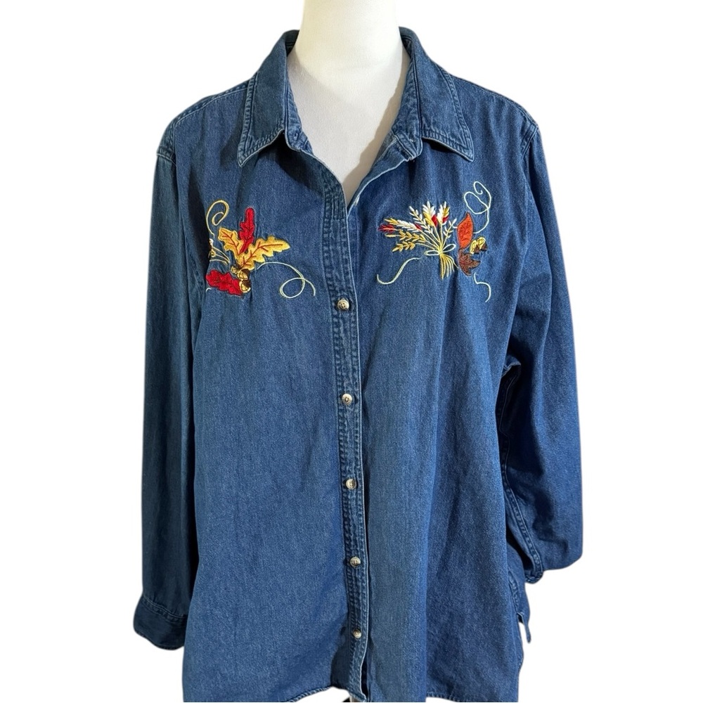 Holiday Editions Embroidered Blue Denim Fabric in a Fall Floral Design